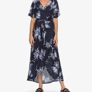 Roux navy tropical print wrap dress